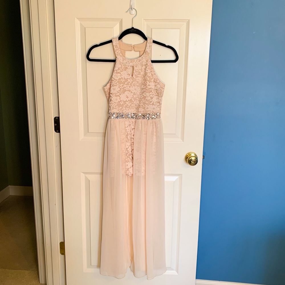 Speechless Kids girls’ size 16 pale blush floral lace sparkle romper dress